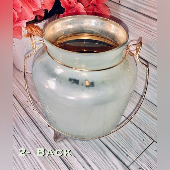 2 Metallic Sage Green Glass Candle Holders With Gold Tone Handle - Picture 7 of 7